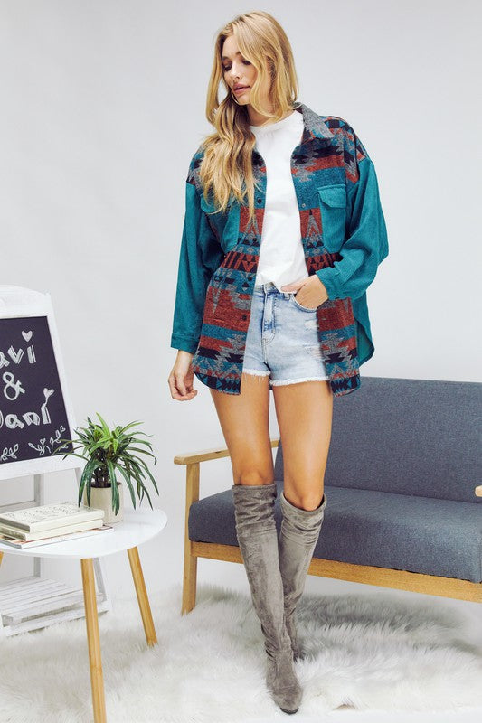 Printed Button Down Long Sleeve Jacket - Curves