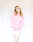 Oversized pink sweater with cream stripes roll up sleeves super soft side slits 3D effect