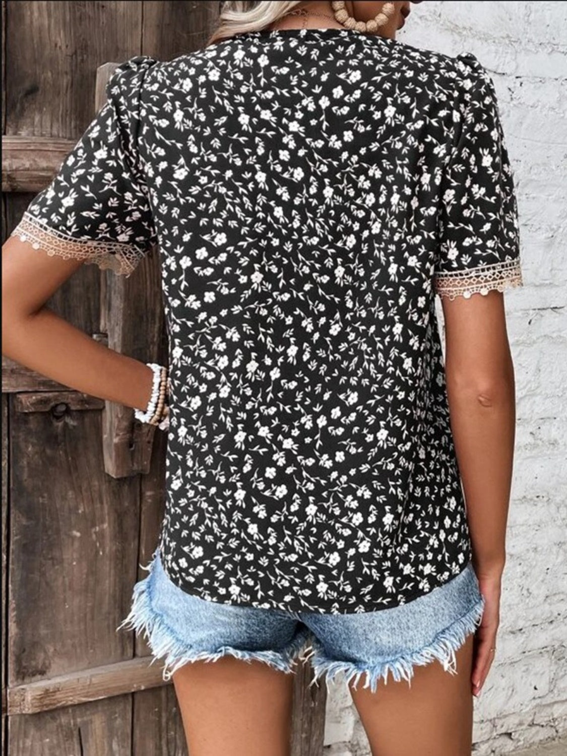 Printed V-Neck Short Sleeve Blouse - All Sizes