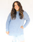 Blue fuzzy popcorn sweater with hood and long sleeves