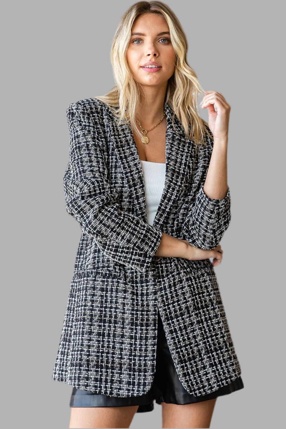 First Love Full Size Lurex Mixed Tweed One Button Blazer