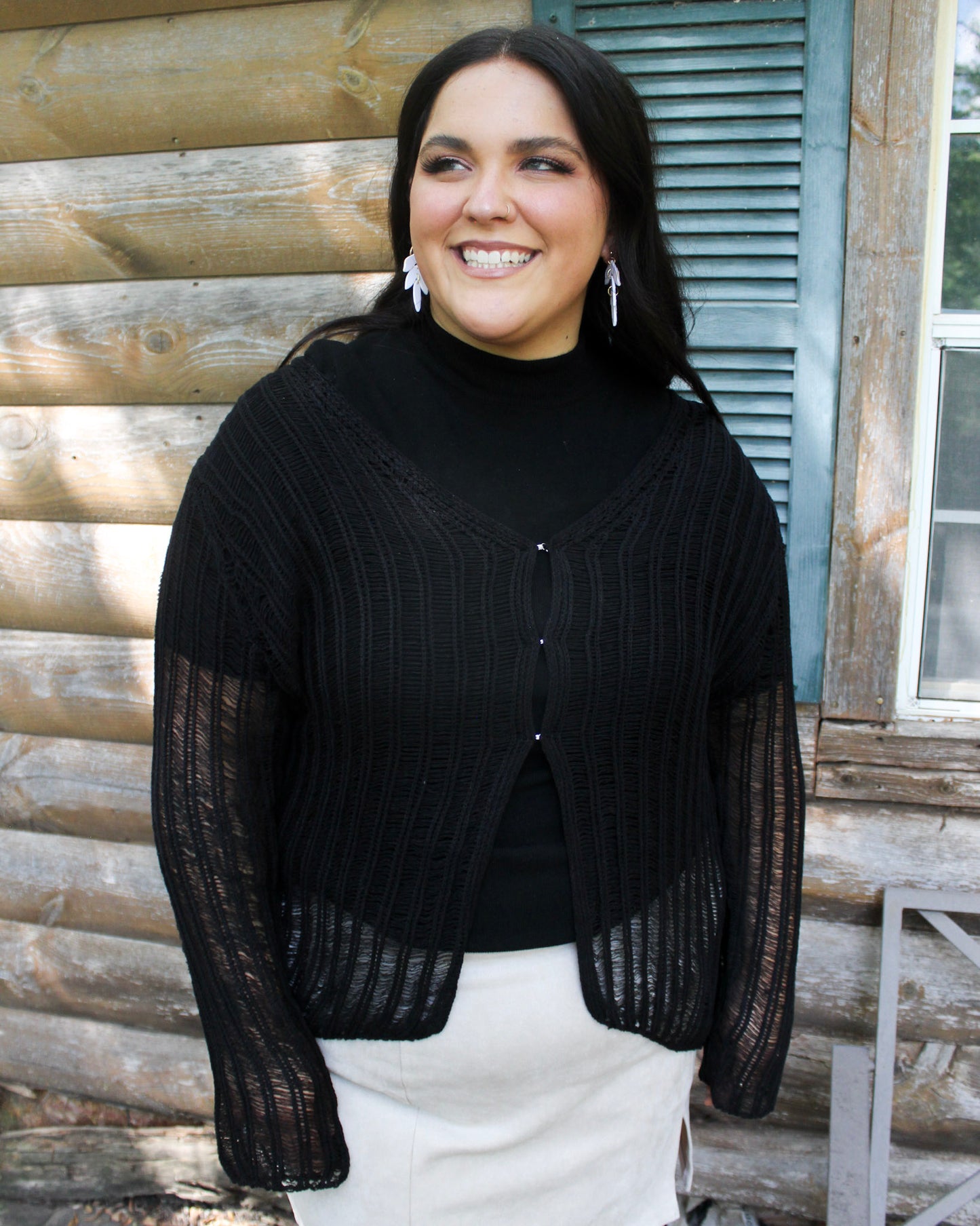 Black Front Hook + Eye Crochet Knit V-Neck Cardigan