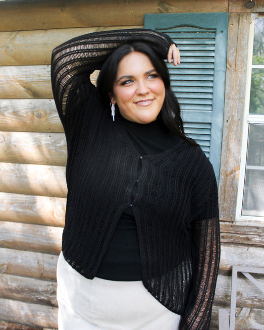 Black Front Hook + Eye Crochet Knit V-Neck Cardigan