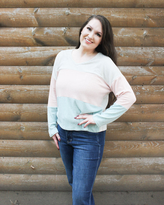 Color Block V-Neck Long Sleeve Top