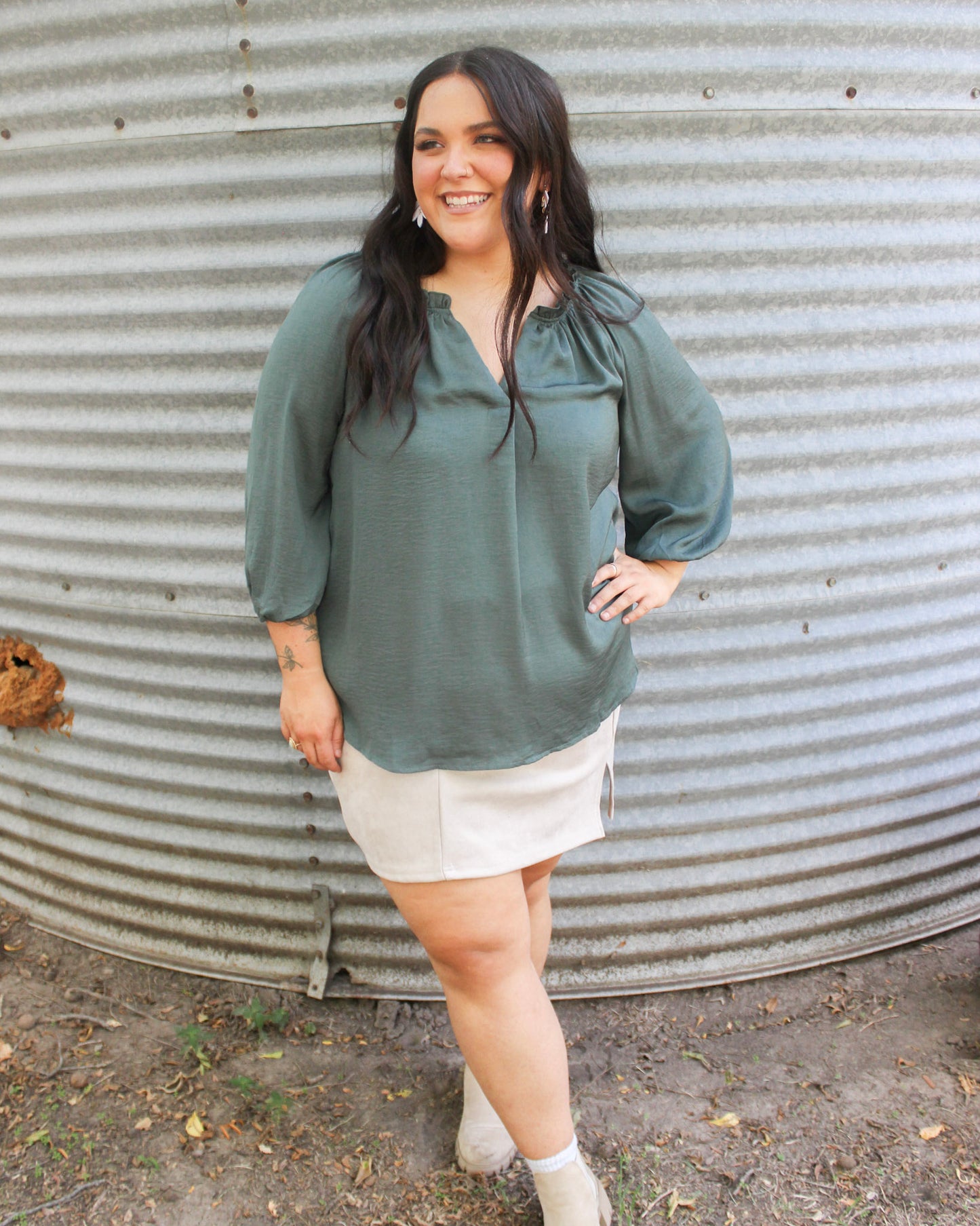 Forest Green V-Neck Quarter Balloon Sleeve Blouse