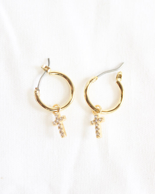 Gold Studded Cross Hoop Huggie Earrings