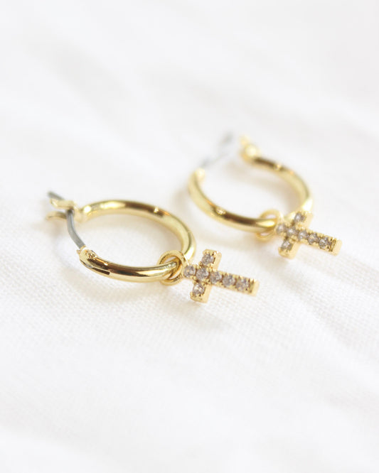 Gold Studded Cross Hoop Huggie Earrings