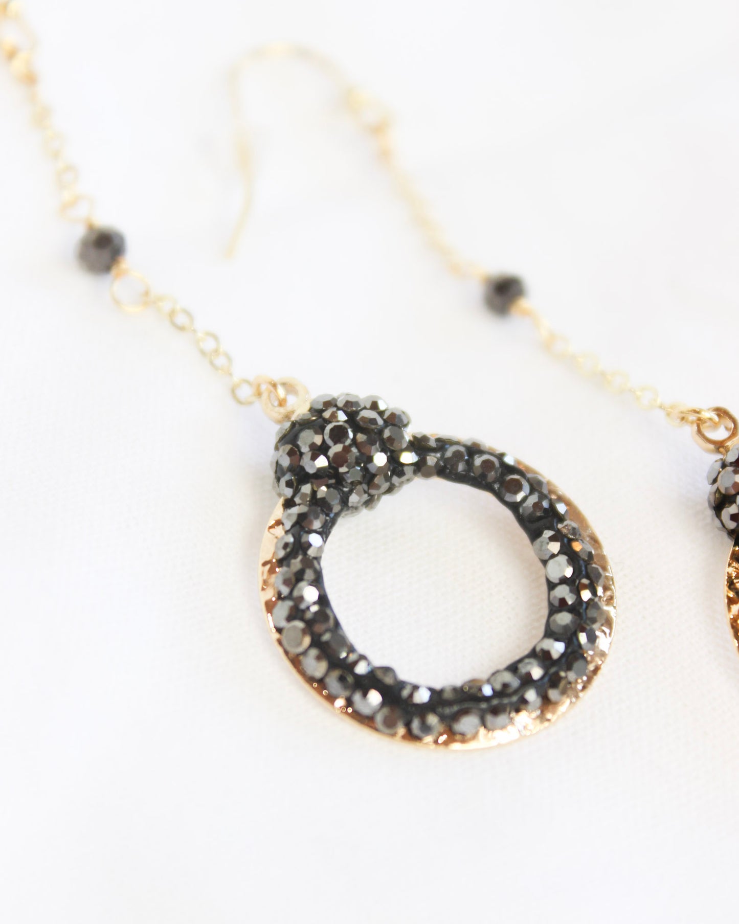 Hematite Rhinestone Studded Hoop Dangle Gold Chain Earrings