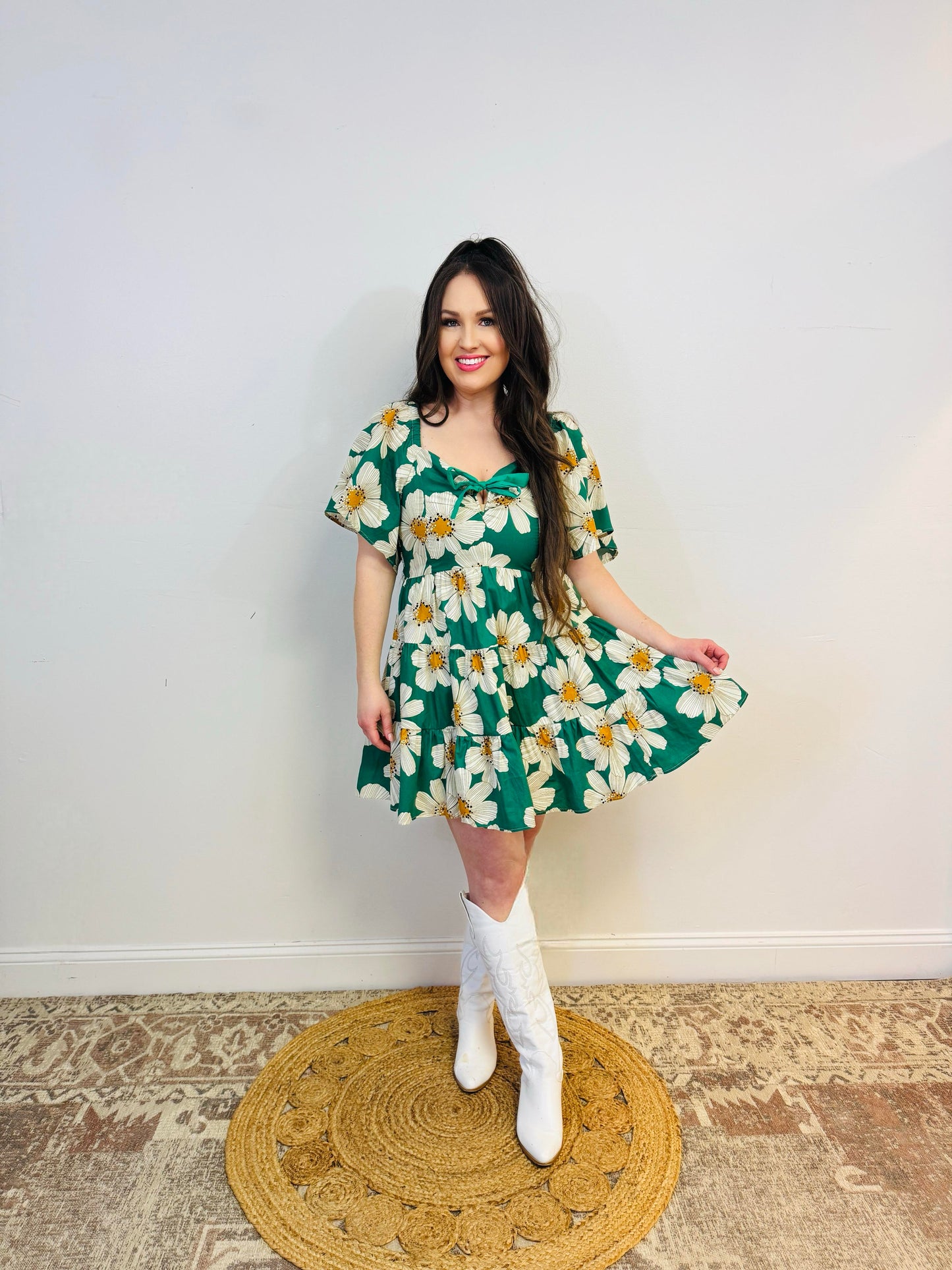 Daisy Print Mini Dress with Ribbon Detail