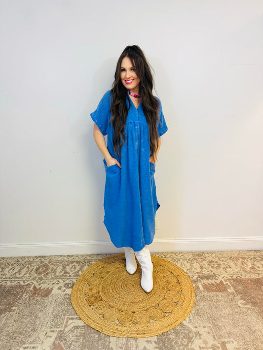 Mineral Wash V-Neck Button Up Midi Shirt Dress