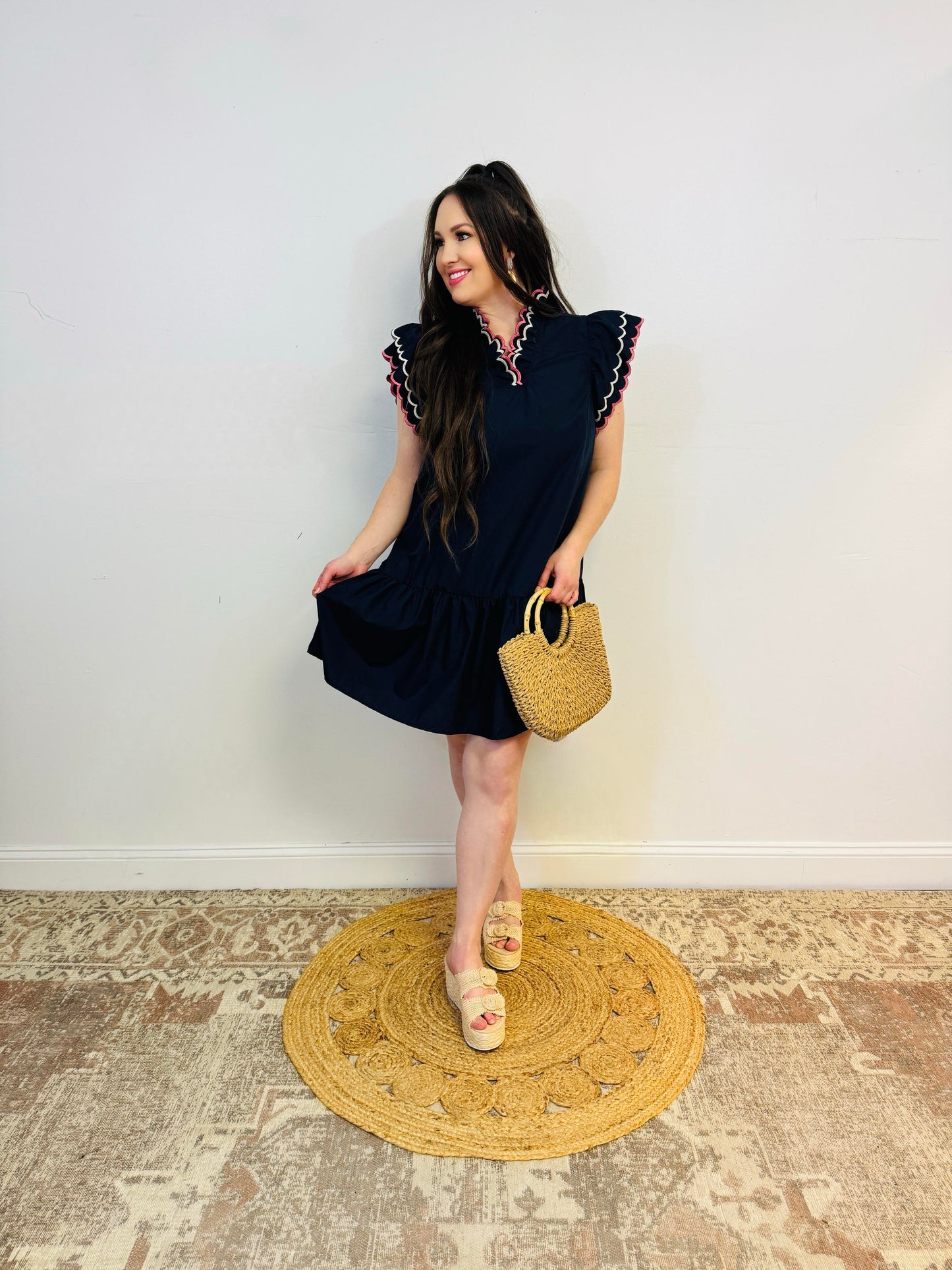 Navy Ruffled Scalloped Sleeved Dress