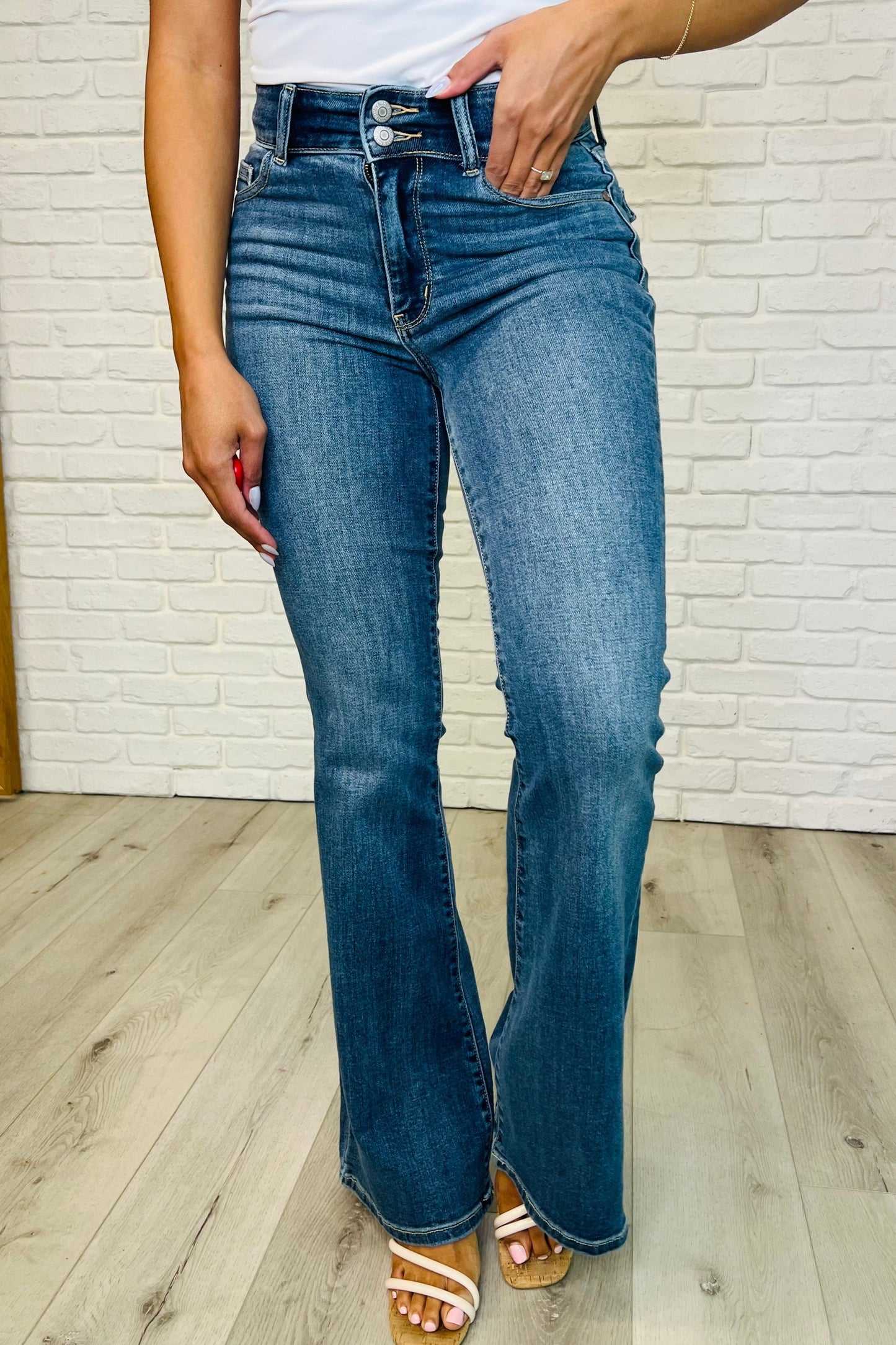 Ariana High Rise Double Button Waistband Flare Jeans