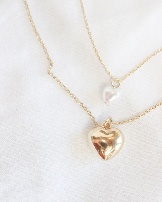 Metallic and Pearl Gold Heart Charms Layered Necklace