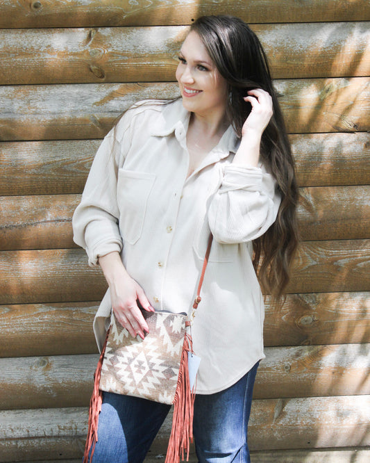 Oatmeal Rib Knit Button Up Top