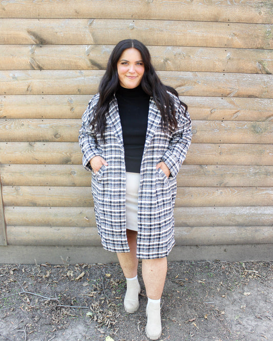 Plaid Pattern Long Sleeve Open Front Knit Coat