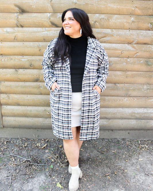 Plaid Pattern Long Sleeve Open Front Knit Coat