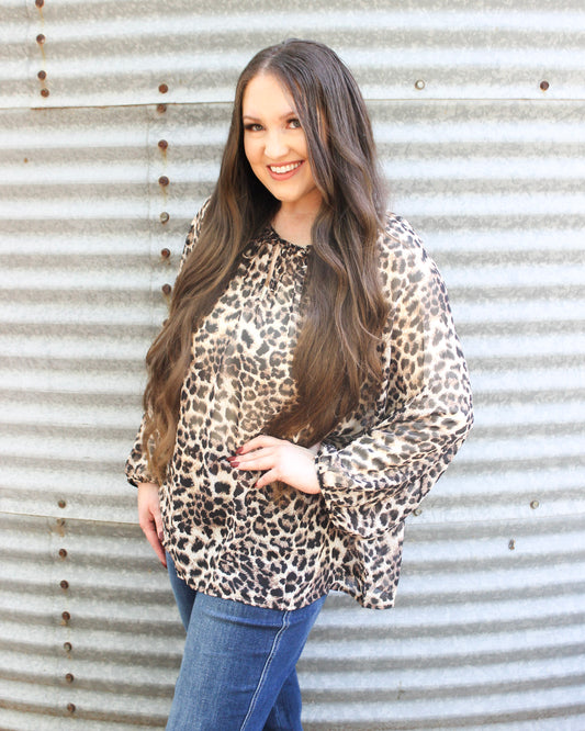 Quarter Length Leopard Print Loose Sheer Blouse