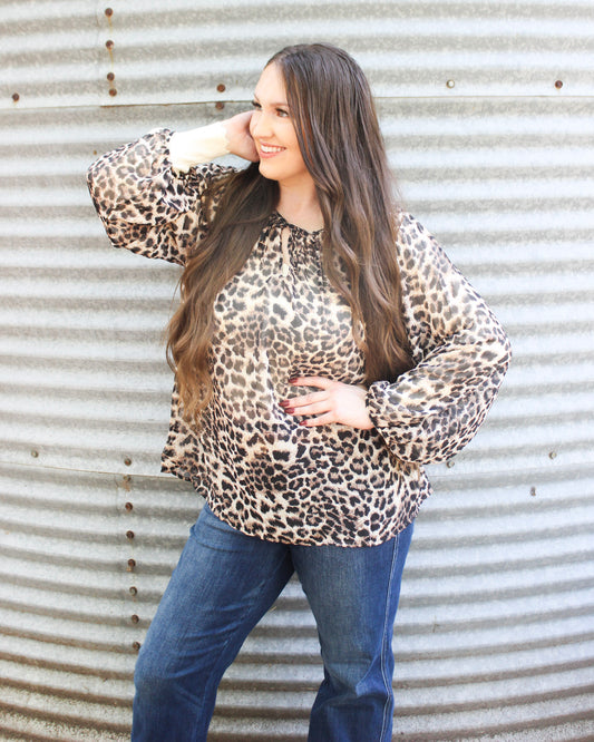 Quarter Length Leopard Print Loose Sheer Blouse