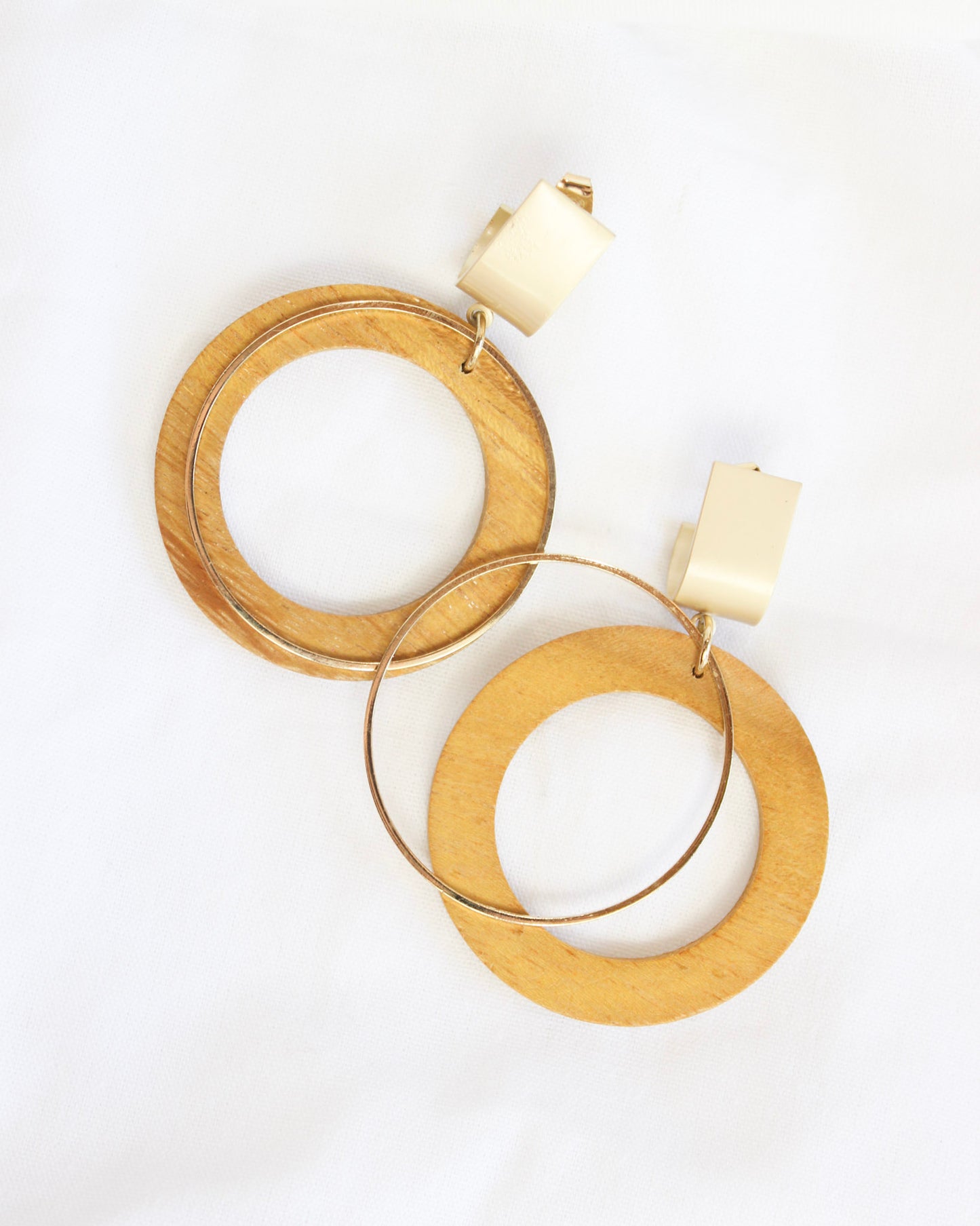 Wooden Circle Hoop Drop Gold Earrings