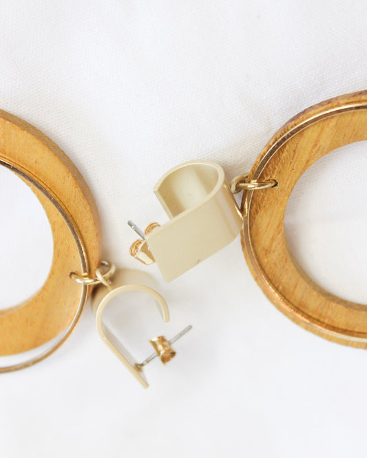 Wooden Circle Hoop Drop Gold Earrings