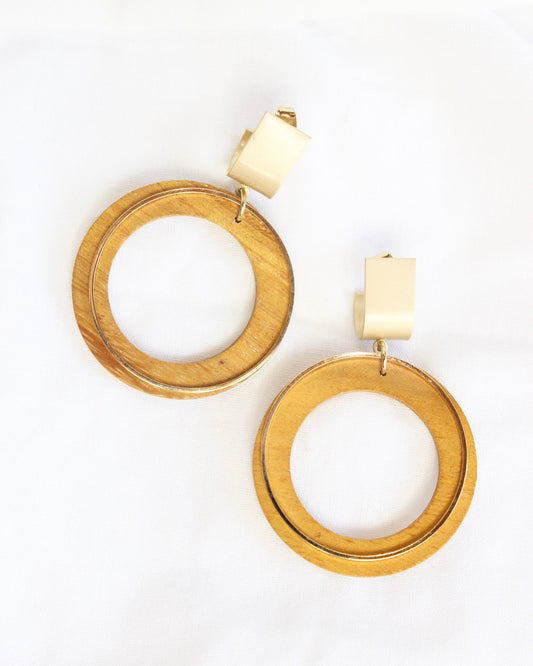 Wooden Circle Hoop Drop Gold Earrings