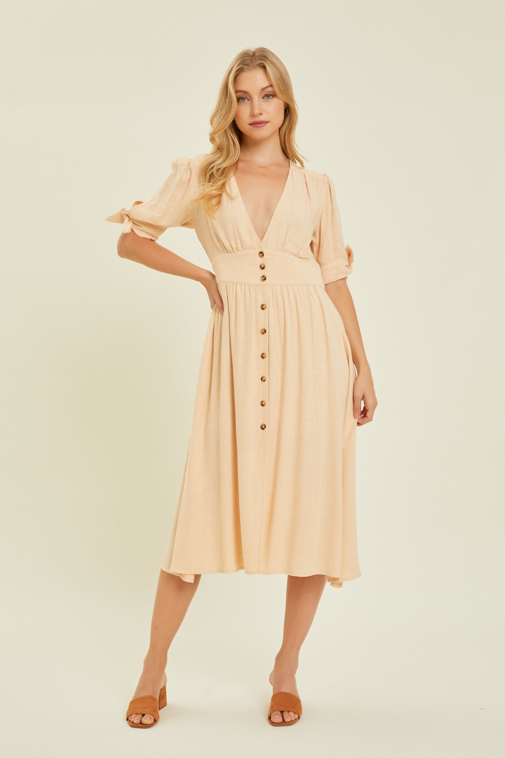 Textured Linen V-Neck Button-Down Midi Dress - All Sizes