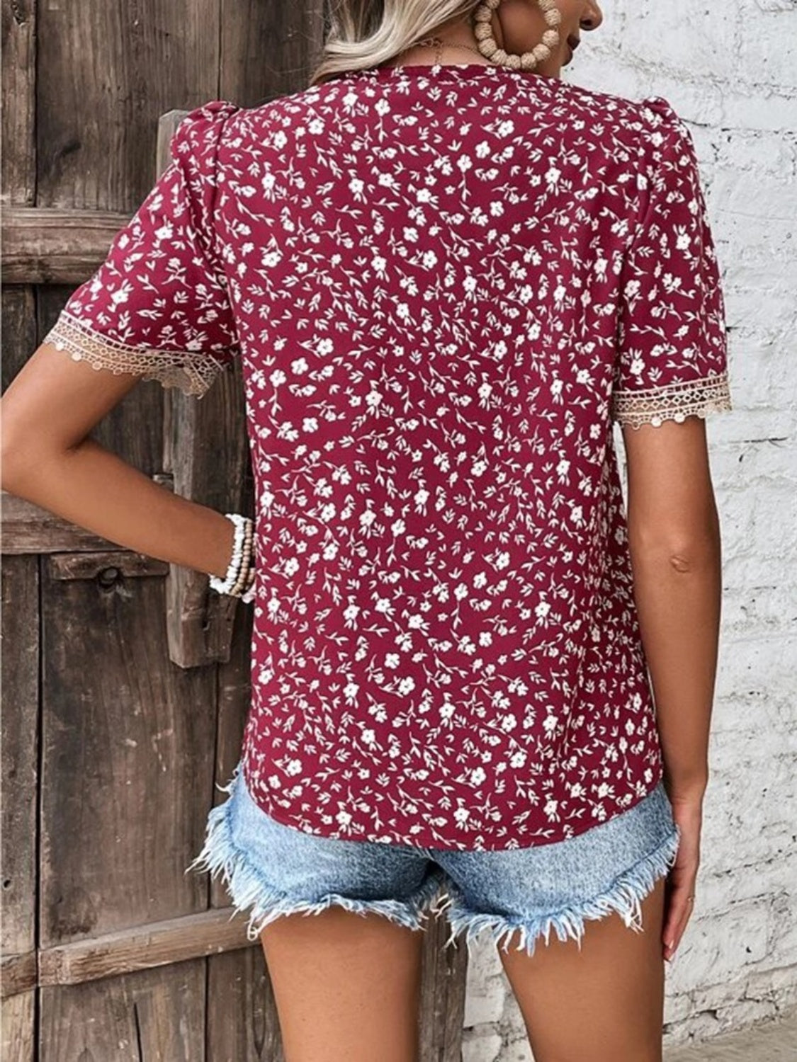 Printed V-Neck Short Sleeve Blouse - All Sizes