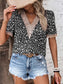 Printed V-Neck Short Sleeve Blouse - All Sizes