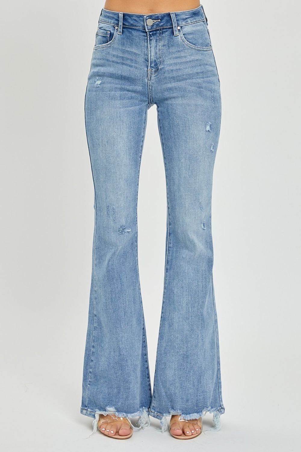 Risen High Rise Frayed Hem Flare Jeans - All Sizes