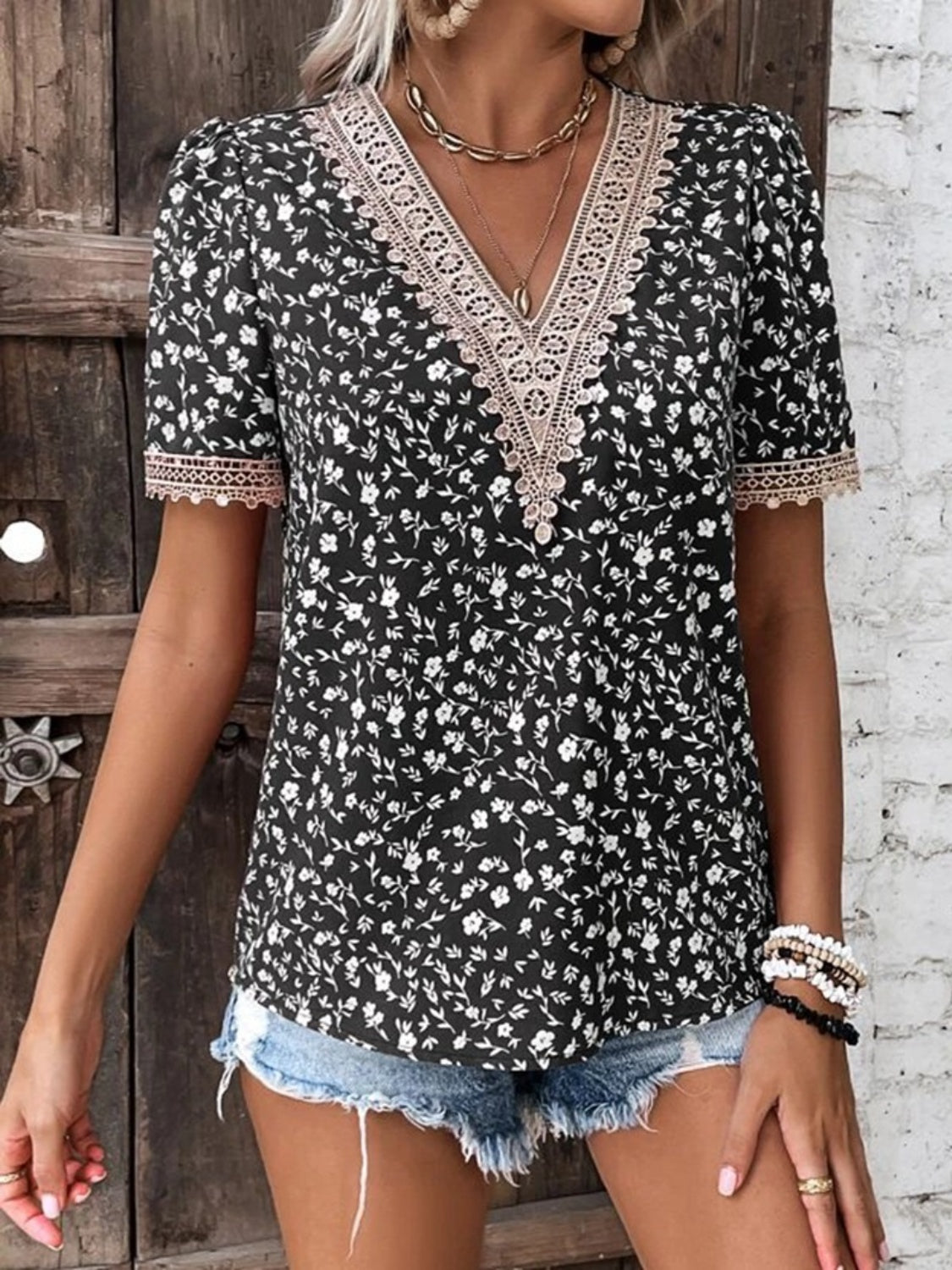 Printed V-Neck Short Sleeve Blouse - All Sizes