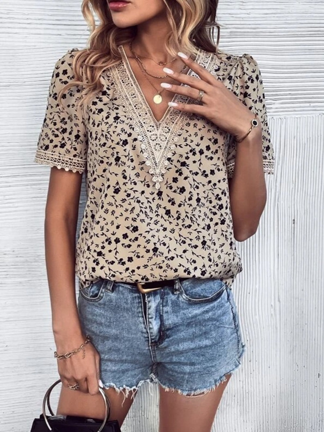 Printed V-Neck Short Sleeve Blouse - All Sizes