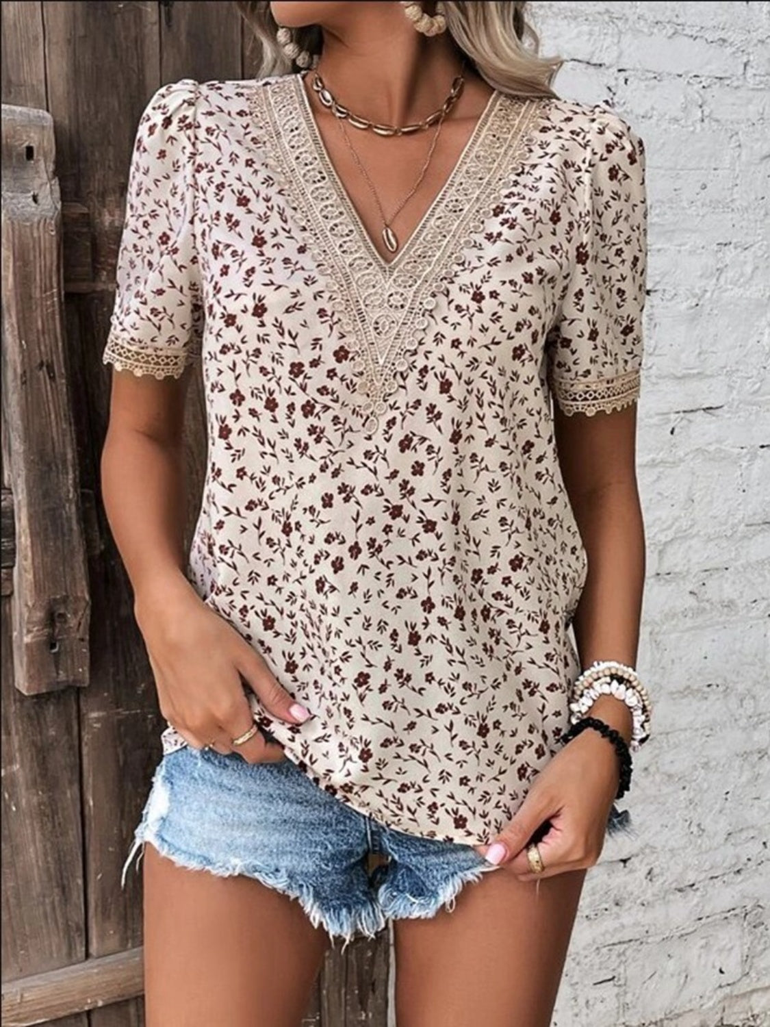 Printed V-Neck Short Sleeve Blouse - All Sizes