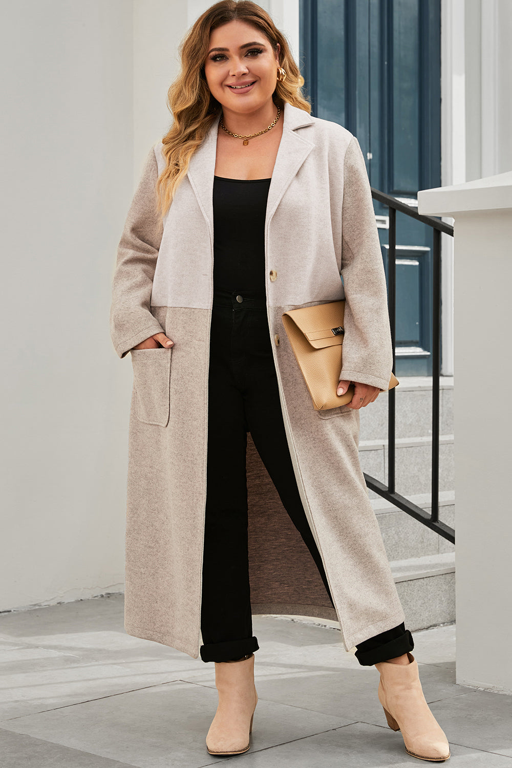 Plus Size Collared Neck Buttoned Longline Coat