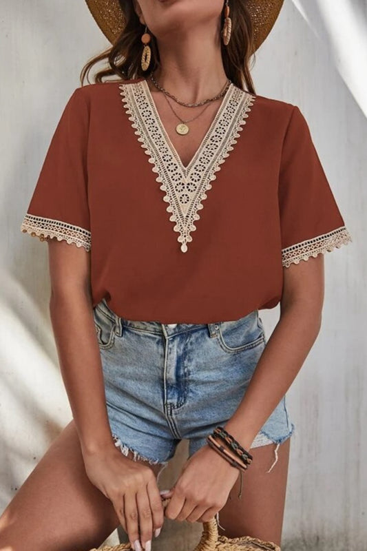 Lace Detail V-Neck Short Sleeve Blouse