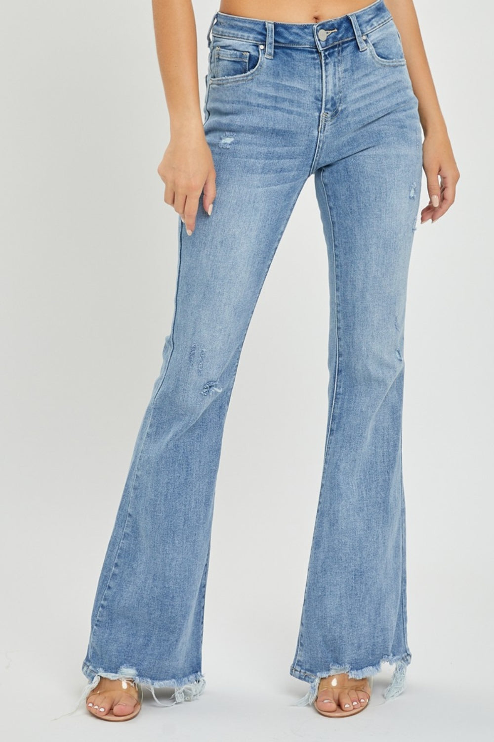 Risen High Rise Frayed Hem Flare Jeans - All Sizes