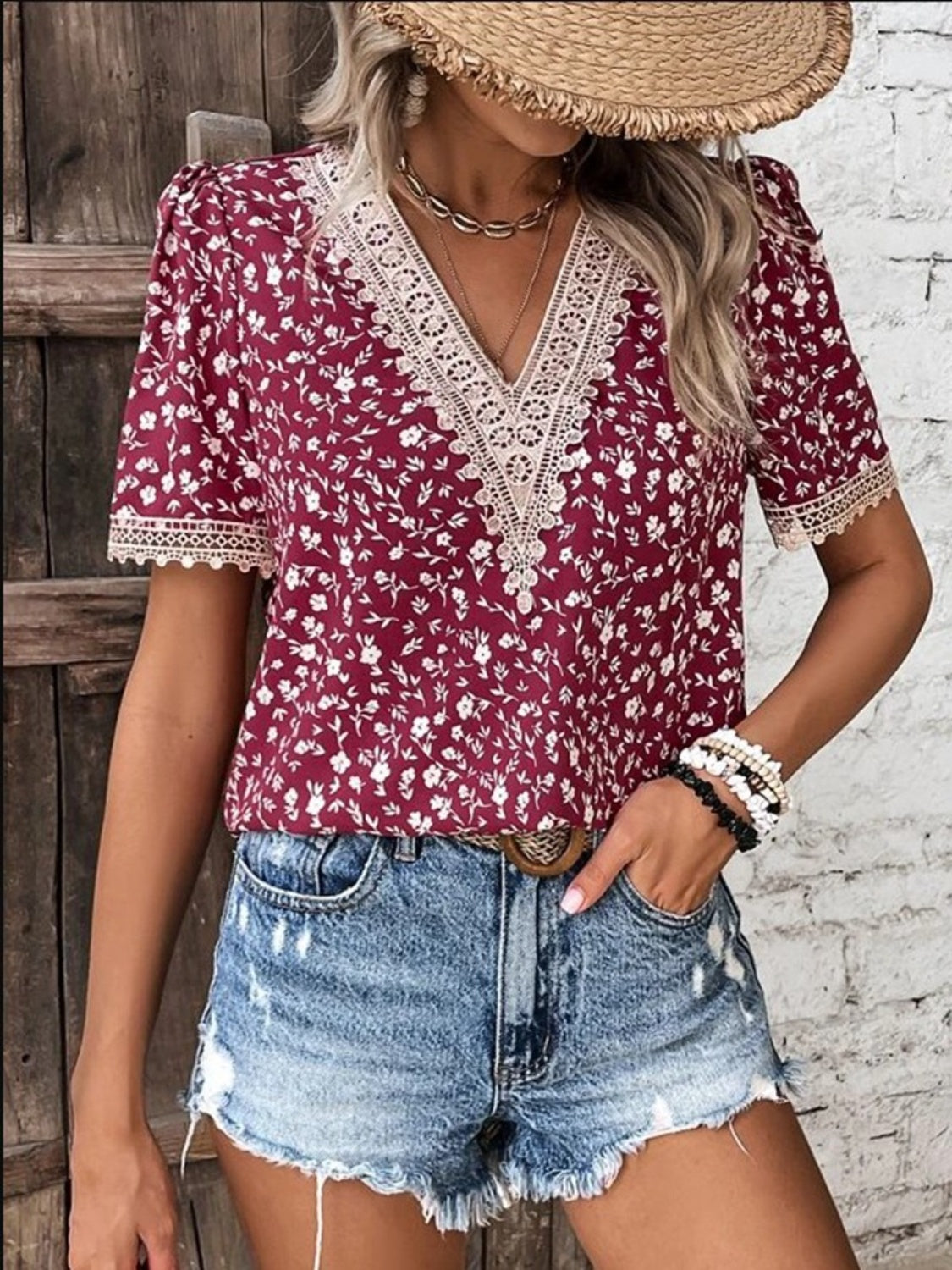 Printed V-Neck Short Sleeve Blouse - All Sizes