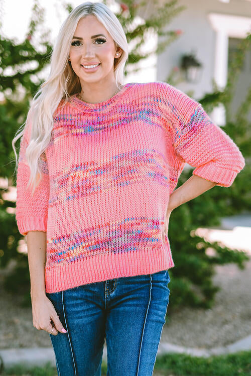 Heathered Round Neck Half Sleeve Sweater