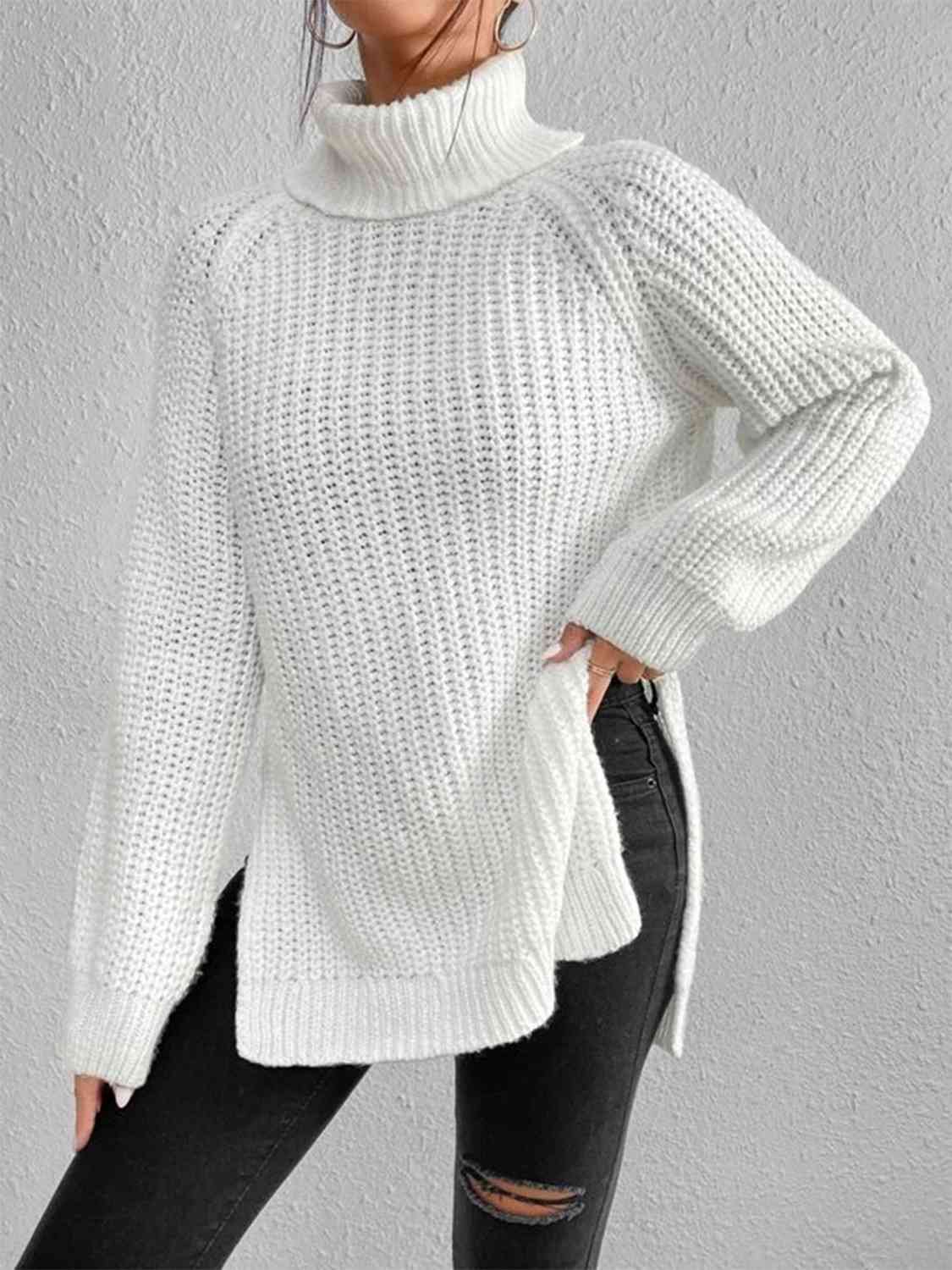 Turtleneck Rib-Knit Slit Sweater - All Sizes