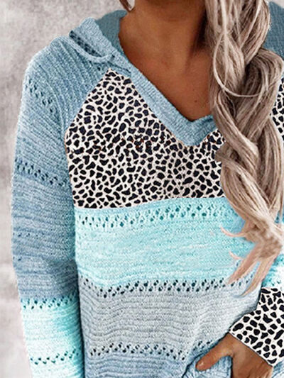 Openwork Leopard Drawstring Hooded Sweater - All Sizes