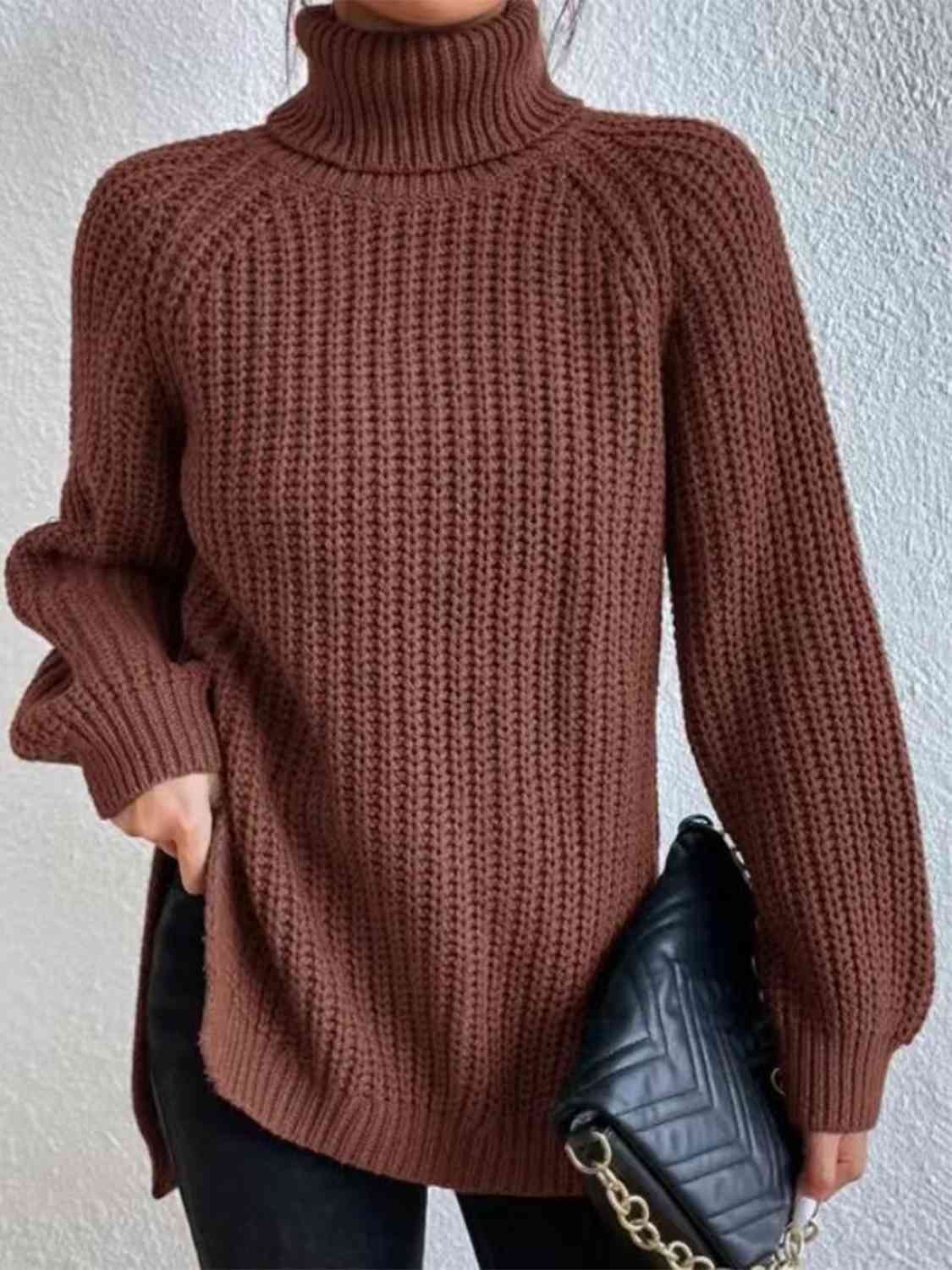 Turtleneck Rib-Knit Slit Sweater - All Sizes