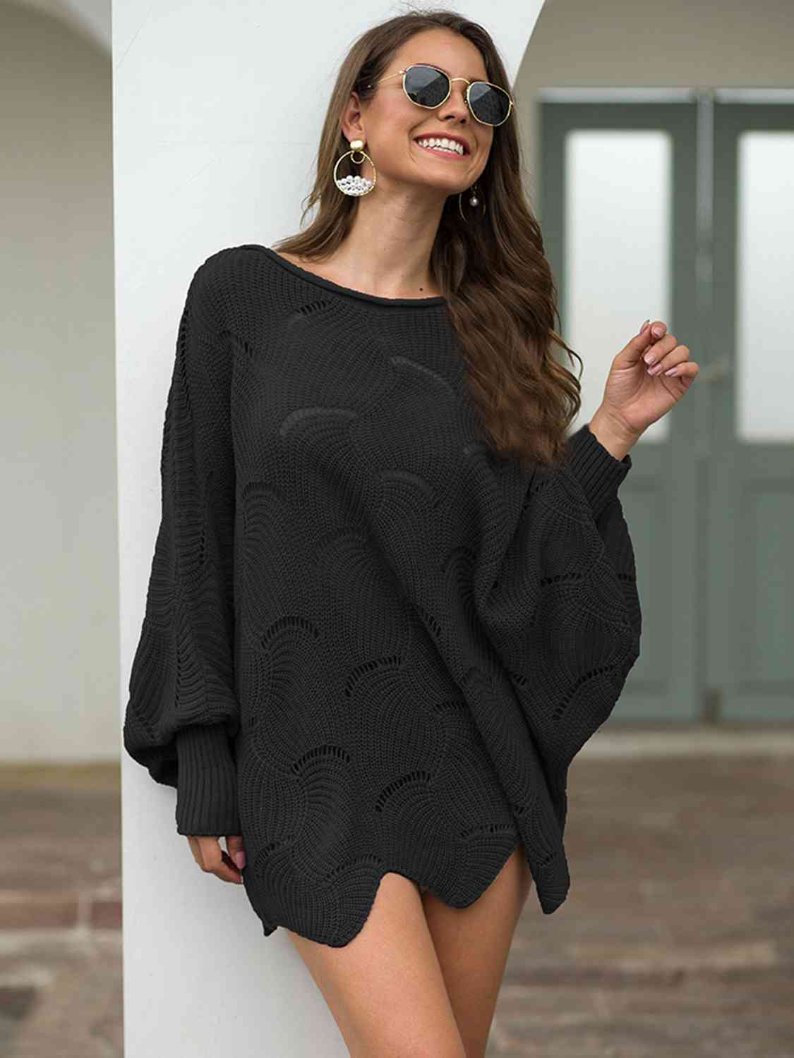 Boat Neck Lantern Sleeve Openwork Knit Top - All Sizes