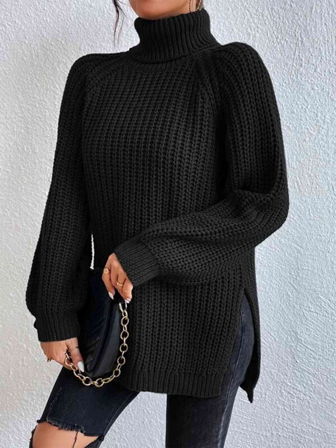 Turtleneck Rib-Knit Slit Sweater - All Sizes