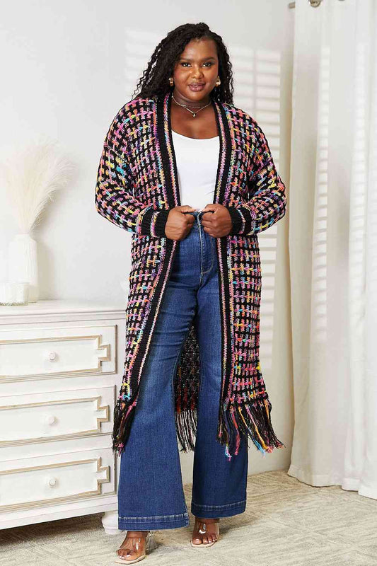 Multicolored Open Front Fringe Hem Cardigan - All Sizes