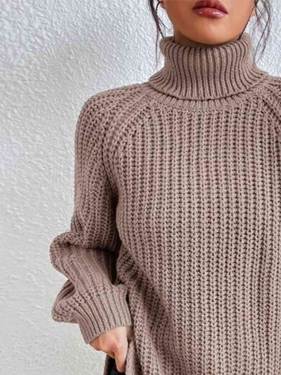 Turtleneck Rib-Knit Slit Sweater - All Sizes