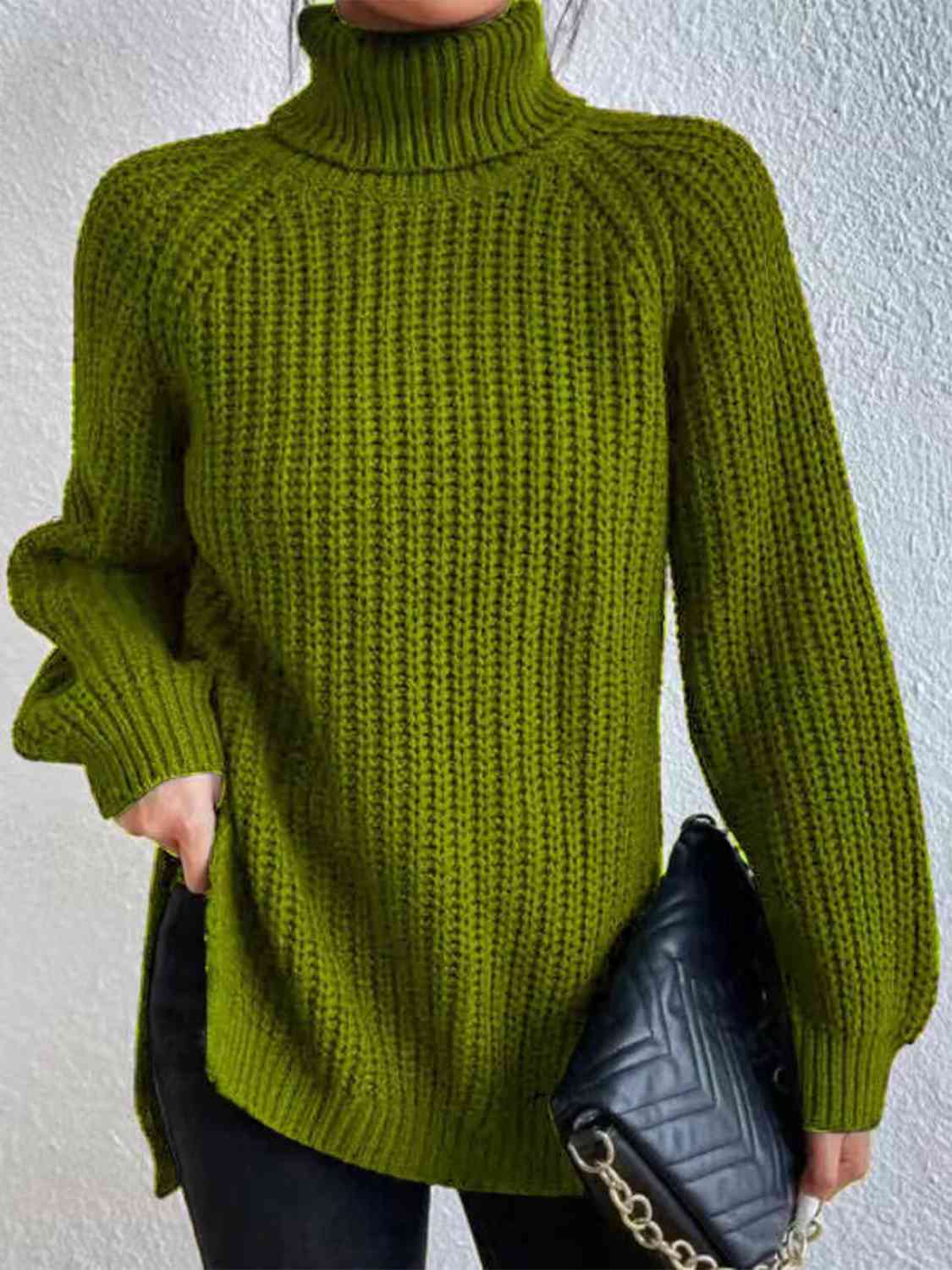 Turtleneck Rib-Knit Slit Sweater - All Sizes