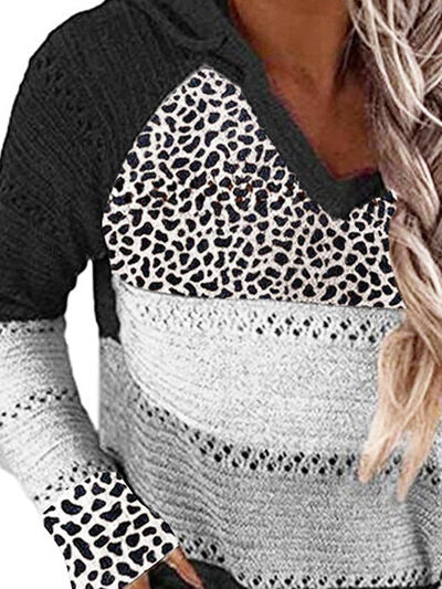 Openwork Leopard Drawstring Hooded Sweater - All Sizes