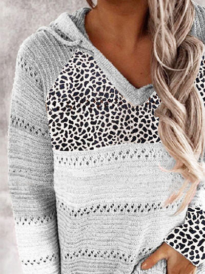 Openwork Leopard Drawstring Hooded Sweater - All Sizes