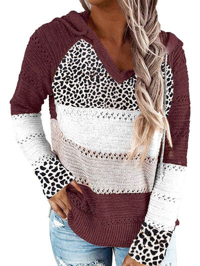 Openwork Leopard Drawstring Hooded Sweater - All Sizes