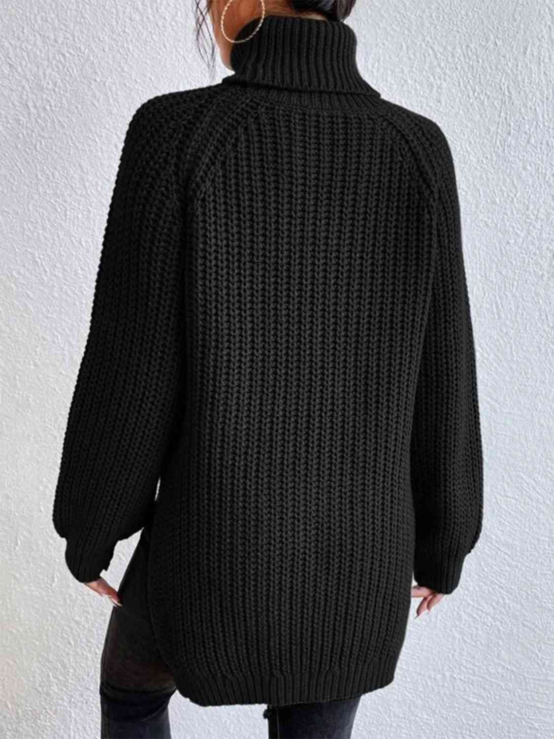 Turtleneck Rib-Knit Slit Sweater - All Sizes