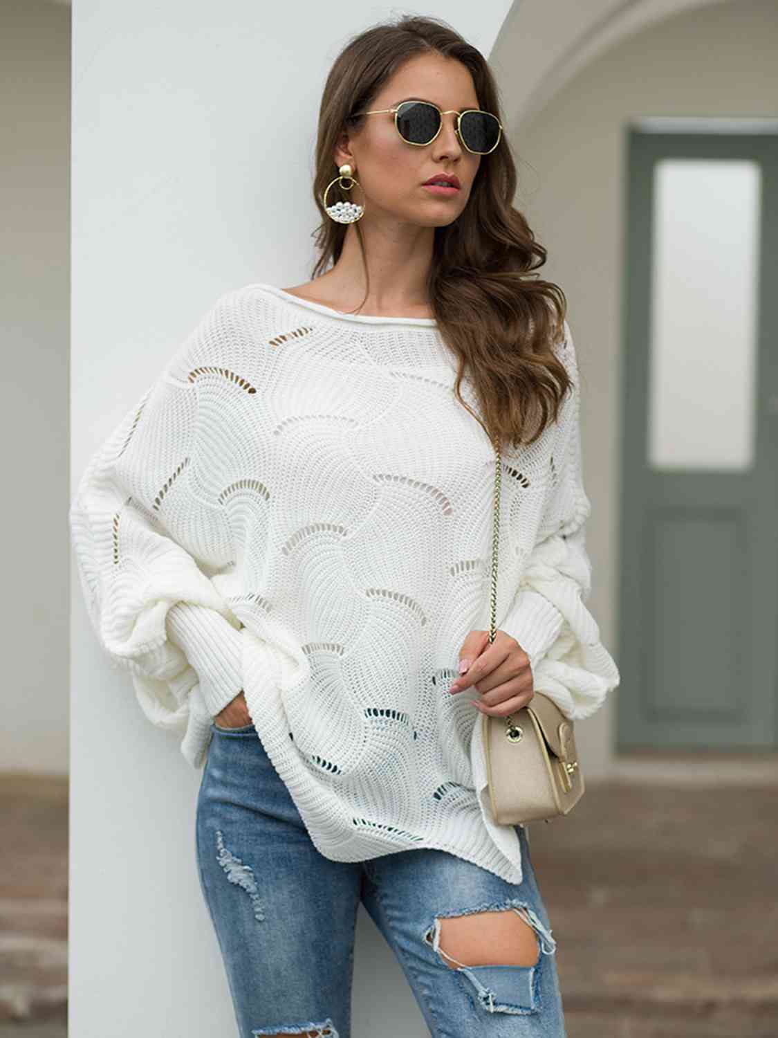 Boat Neck Lantern Sleeve Openwork Knit Top - All Sizes